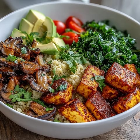 A vibrant Scrambled Tofu Breakfast Bowl topped with sliced avocado, cherry tomatoes, and fresh parsley.