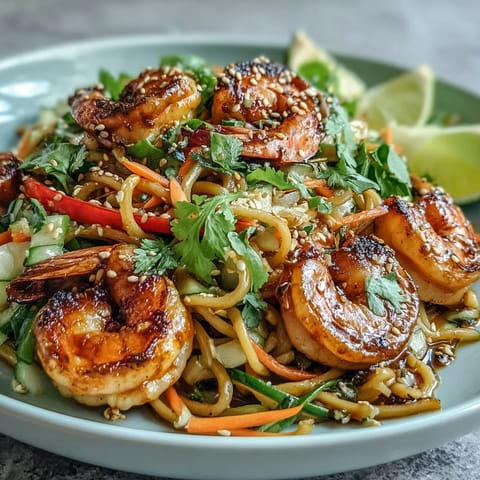 15-Minute Asian Noodle Bowl With Grilled Shrimp features perfectly charred shrimp and crisp vegetables over a bed of sesame-coated noodles, ready to serve.