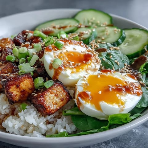 Close-up of Tofu Jammy Egg Breakfast Bowl drizzled with zesty ginger scallion sauce and garnished with fresh cilantro.