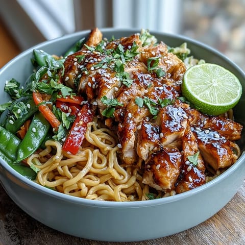Tender chicken, udon noodles, and colorful peppers and carrots coated in a rich sesame-ginger sauce, garnished with toasted sesame seeds and fresh cilantro.