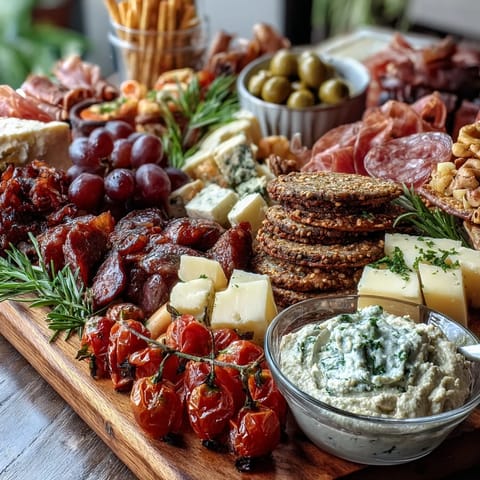 Housewarming Party Charcuterie Board with Dips and Crackers: a vibrant spread of cured meats, cheeses, fresh fruits, and crunchy crackers perfect for festive gatherings.