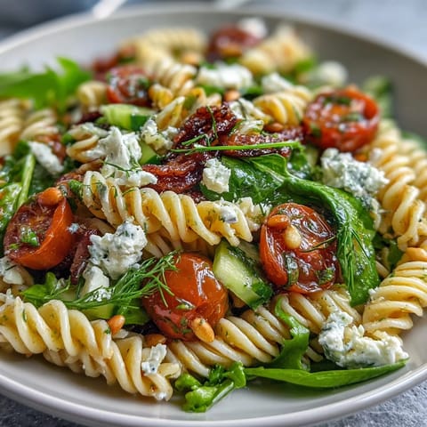 Bright lemon vinaigrette pasta salad with cucumbers and cherry tomatoes, perfect for summer picnics and barbecues.