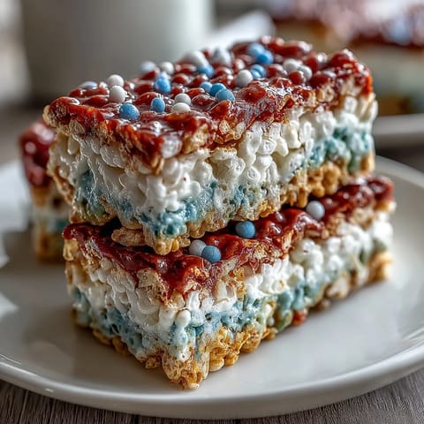 Patriotic red, white, and blue Rice Krispies treats stacked in festive layers for a 4th of July celebration.
