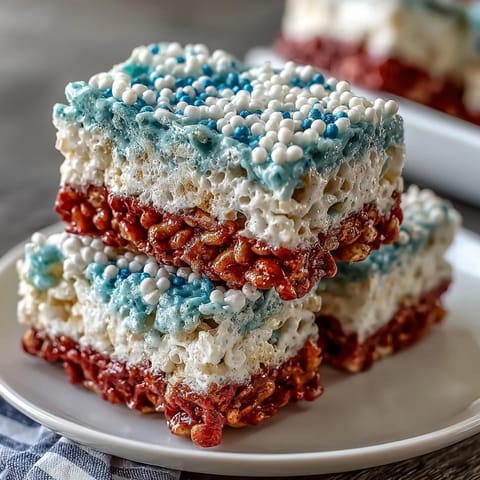 Chewy, colorful Rice Krispies squares with vibrant red, white, and blue layers, perfect for Independence Day parties.
