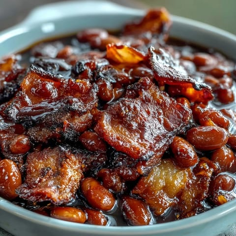 Classic baked beans with bacon and brown sugar, bubbling in a cast-iron skillet with crispy bacon bits on top.