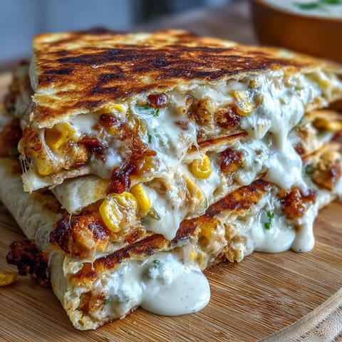 Crispy Cinco de Mayo Street Corn Quesadillas filled with roasted corn, melted cheese, and smoky spices, drizzled with chipotle crema.