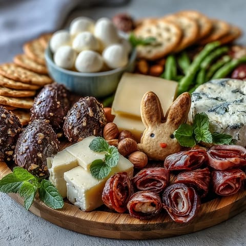 A colorful Easter treat board with mini cheese and fruit baskets, accented by bunny cookies and pastel candies.