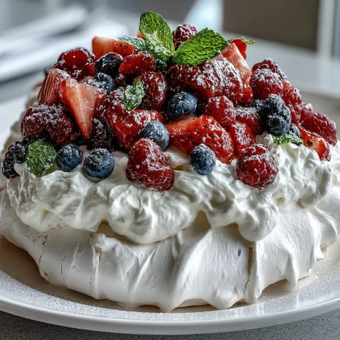 Pavlova with fresh berries and cream: a crisp meringue base topped with velvety whipped cream and vibrant spring berries.