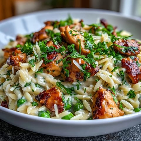 Creamy One-Pot Lemon Orzo with Chicken and Peas, a bright Mediterranean dinner with tender chicken, zesty lemon, and sweet green peas.  