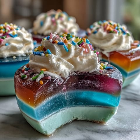Vibrant rainbow Jello cups layered with fruity gelatin, topped with whipped cream and colorful sprinkles, perfect for kids' parties.