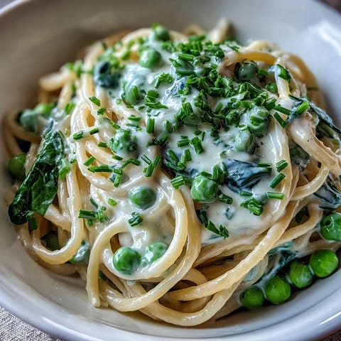 Creamy lemon pasta with peas and spinach, topped with Parmesan and fresh chives for a bright, spring-inspired vegetarian meal.