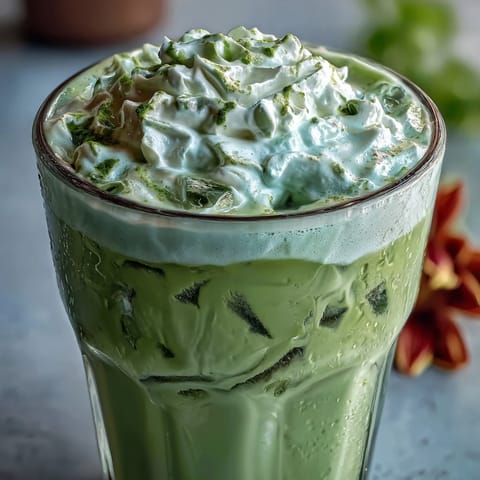 Iced matcha latte with vanilla cold foam in tall glass with ice cubes and creamy foam topping.