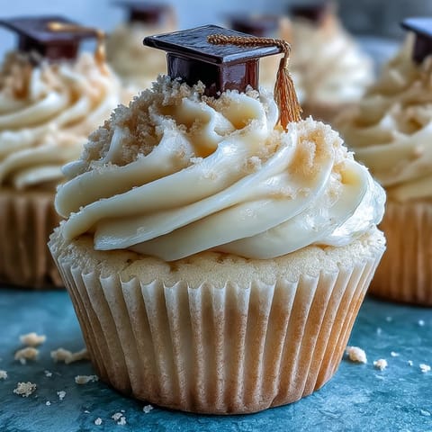 Graduation cupcakes topped with buttercream and handmade black and gold fondant caps, perfect for celebrations.