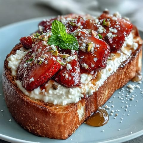 Strawberry honey ricotta toast topped with fresh strawberries and crunchy pistachios.