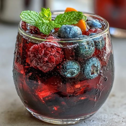 A close-up of refreshing iced hibiscus berry tea with colorful fruit garnishes.