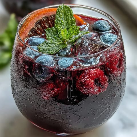 Iced hibiscus berry tea with vibrant fruit and mint, ready for summer.