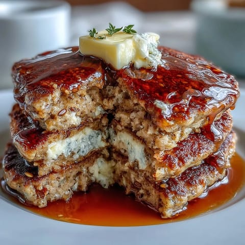 Golden High Fiber Protein Pancakes with flaxseed ready for maple syrup drizzle.