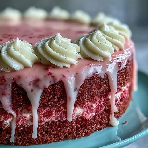 Bridal Shower Rosé Velvet Cake boasts a delicate pink crumb and elegant gold drip.