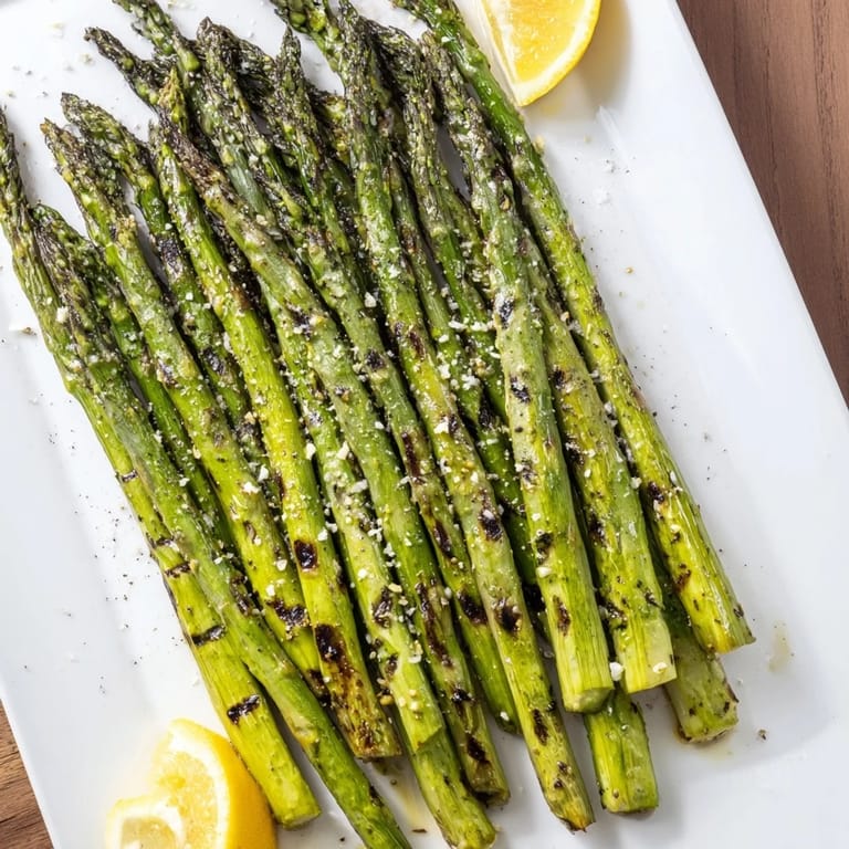 Tender grilled asparagus spears lightly oiled and seasoned, perfect alongside grilled salmon or steak for dinner.