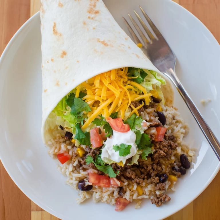 Freshly rolled Beef Burrito filled with seasoned beef, rice, beans, and cheese, served with sour cream.