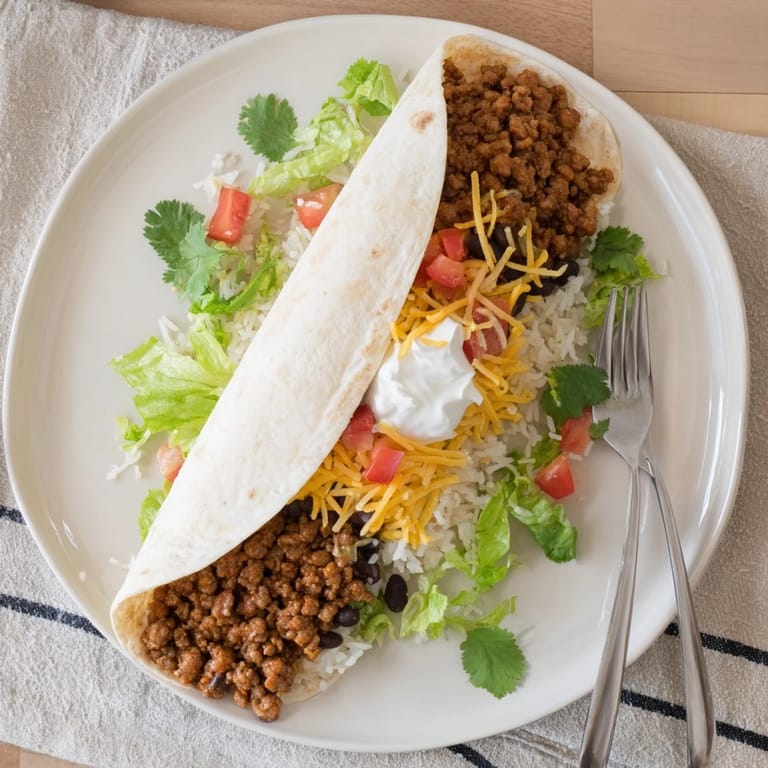 Close-up of a toasted Beef Burrito with seasoned beef, rice, beans, and melted cheese filling.