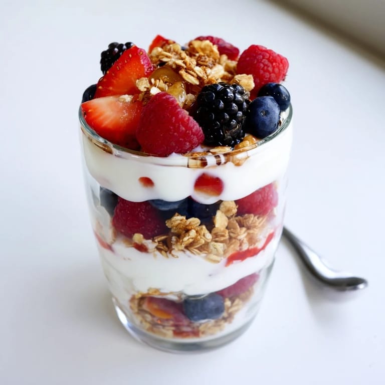 Bright Berry Parfait topped with juicy strawberries, blueberries, and a honey drizzle.