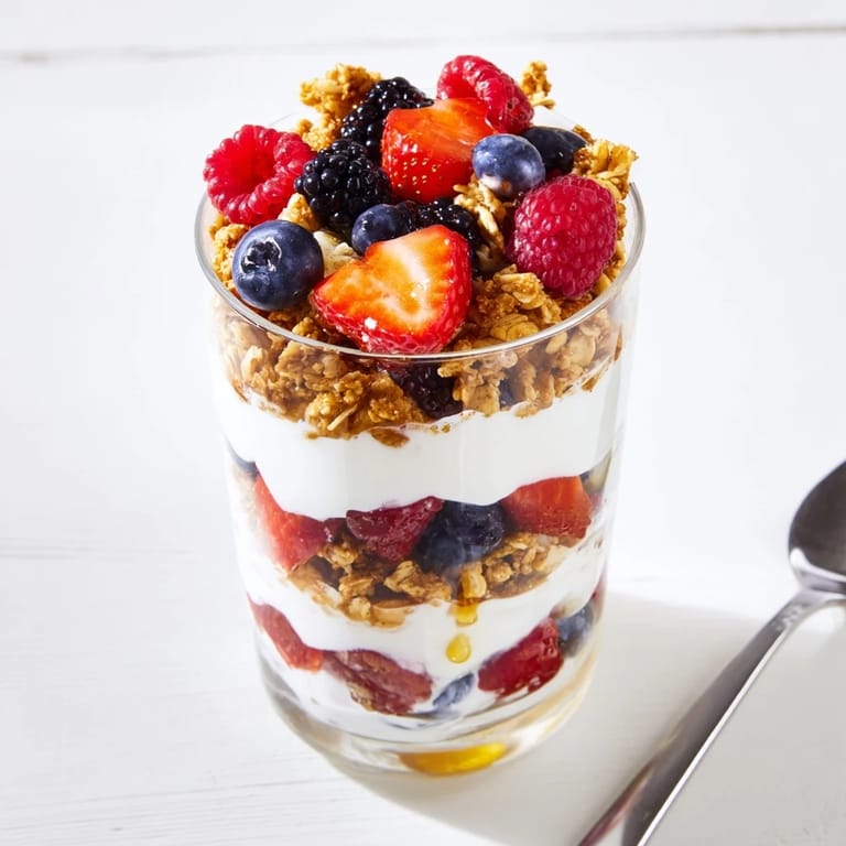 Homemade Berry Parfait with mixed berries and granola, ready for breakfast or dessert.