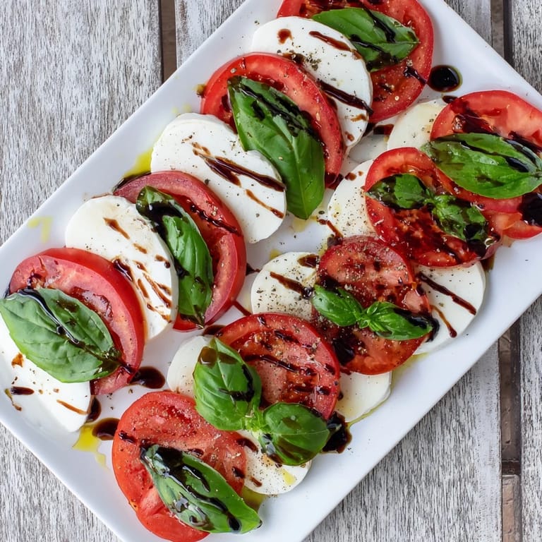 Vibrant red tomatoes, white mozzarella, and green basil leaves layered together for an easy Caprese Salad, ready to serve at a summer picnic. 