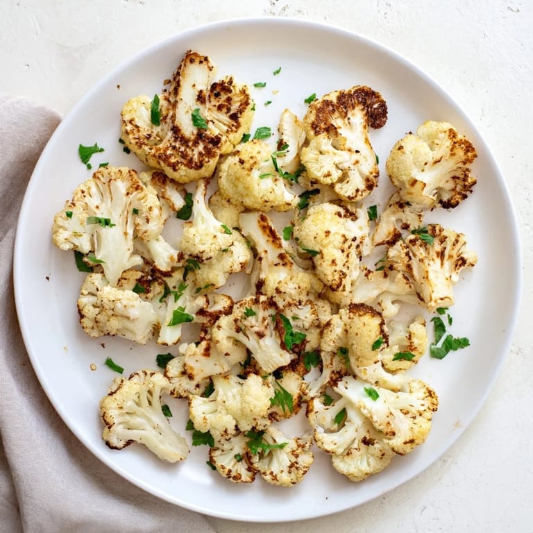 Tender Roasted Cauliflower seasoned with cumin and garlic powder, served warm as a healthy vegan side dish.