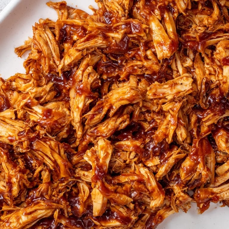 Shredded BBQ Pulled Chicken piled high on a plate, speckled with smoky spices and onions, ideal for gluten-free meals.
