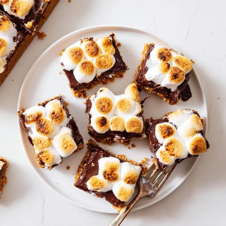 Freshly baked S'mores Bars are cut into squares, revealing a soft marshmallow and chocolate center.