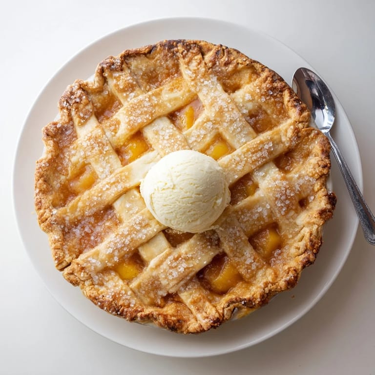 Peach Pie cooling on a wire rack, showcasing a lattice crust with juicy cinnamon-spiced peaches inside.