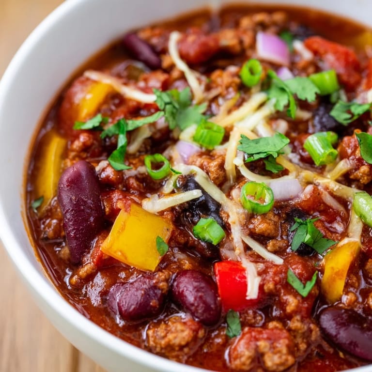 Spicy Turkey Chili simmering in a pot with diced red bell pepper, perfect for a cozy dinner.