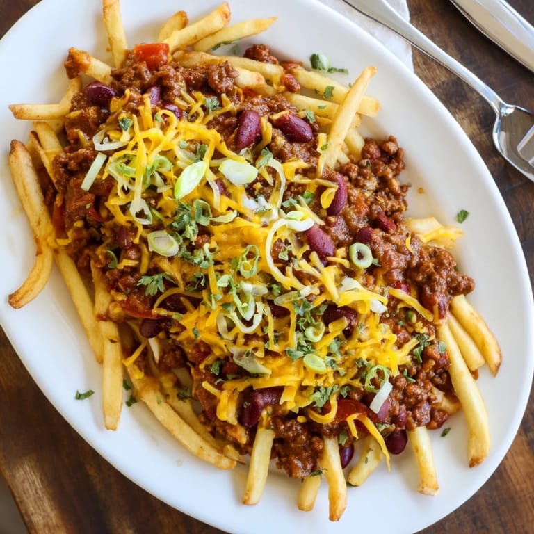 Crispy French fries loaded with hot beef chili and gooey cheddar, served on a platter.