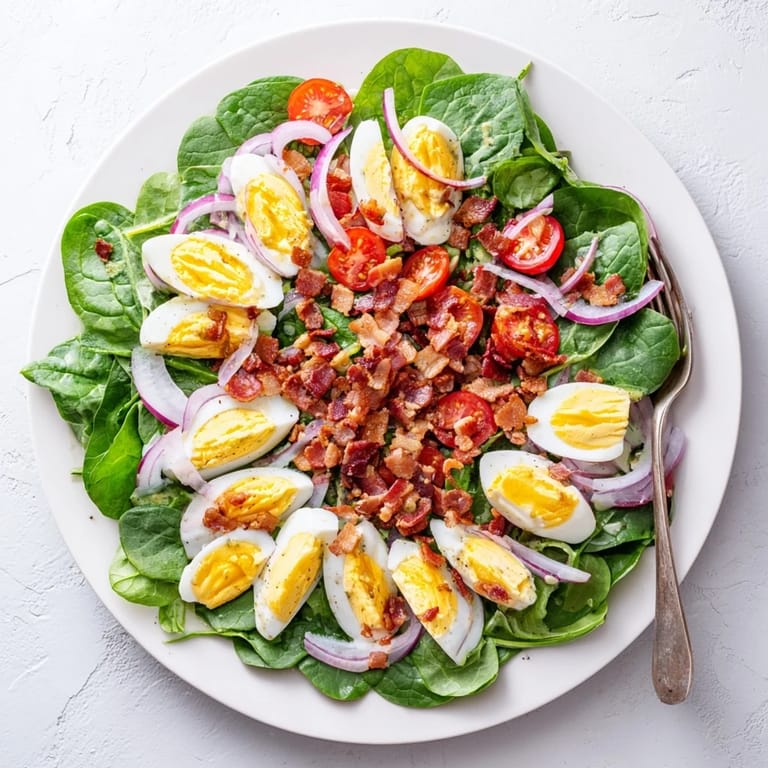 Healthy homemade Spinach Salad with Bacon featuring sliced boiled eggs, crisp bacon pieces, and fresh veggies, perfect for easy American meal prep.