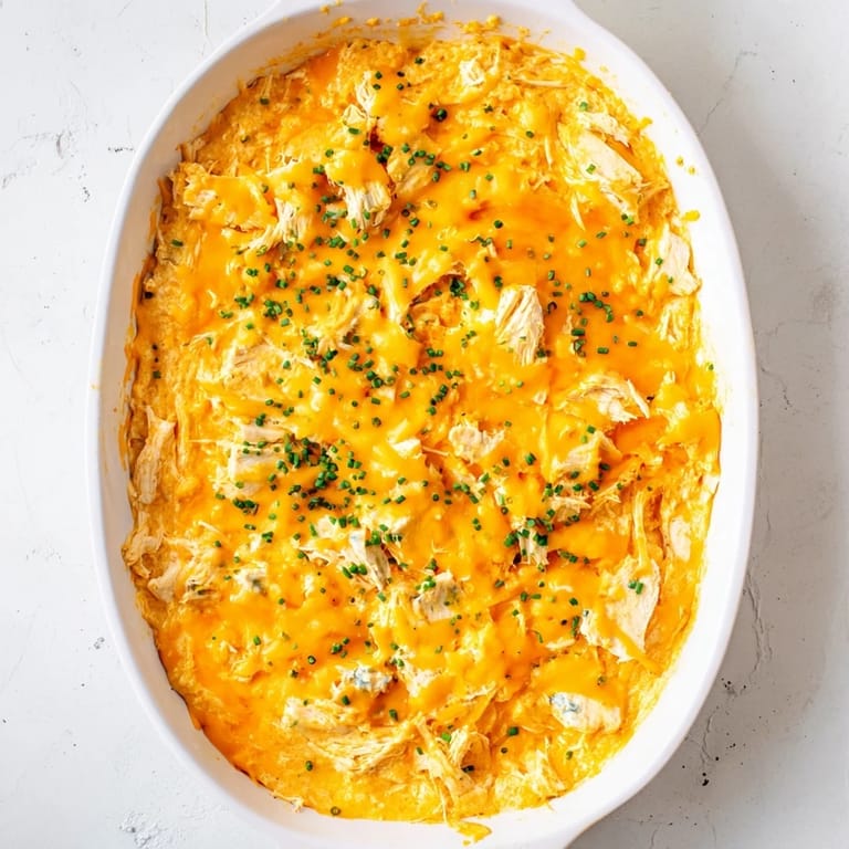 A warm baking dish of creamy Buffalo Chicken Dip served with crunchy celery sticks and sturdy tortilla chips.