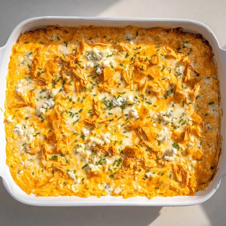 Spicy, gooey Buffalo Chicken Dip bubbling in a ceramic dish, ready for game day parties or family gatherings.