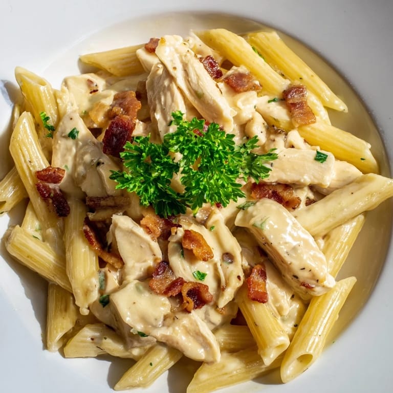 Steam rises from a skillet of Creamy Chicken Bacon Penne, highlighting the luscious sauce coating each penne noodle with savory chicken and bacon.