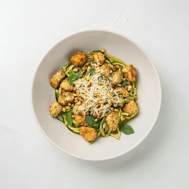 Spoonful of Pesto Zucchini Chicken Bowl topped with grated Parmesan, pine nuts, and fresh basil leaves.