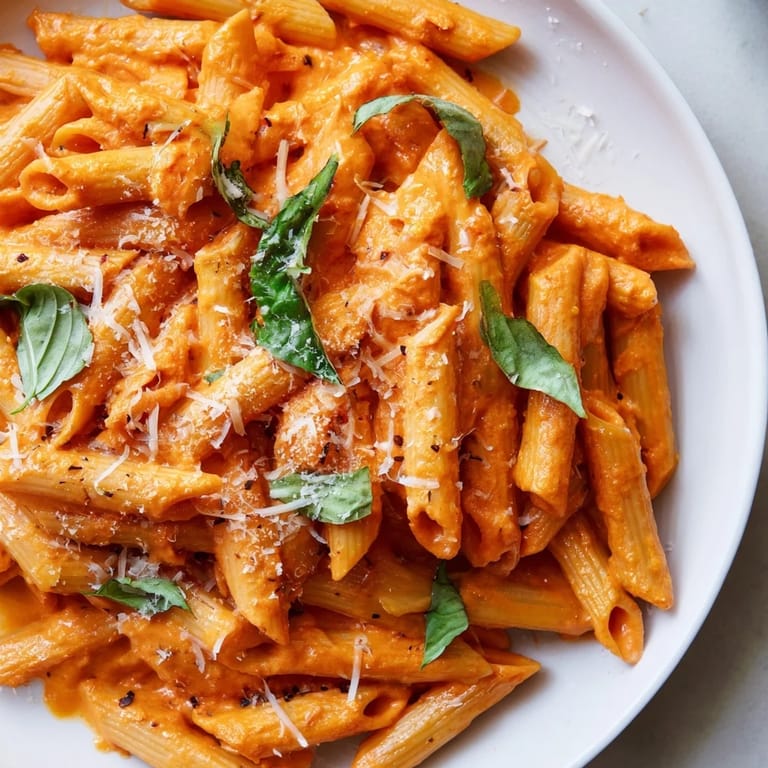 Vibrant roasted red pepper pasta served in a white bowl, garnished with torn basil and extra cheese, steam rising.