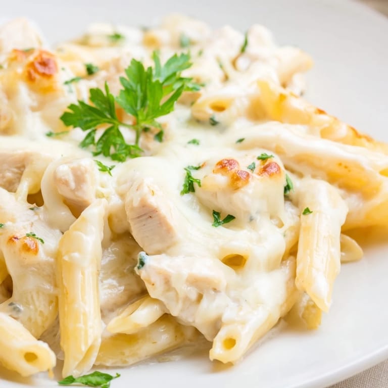 A close-up of Chicken Alfredo Casserole in a baking dish, garnished with fresh parsley for a family meal.  