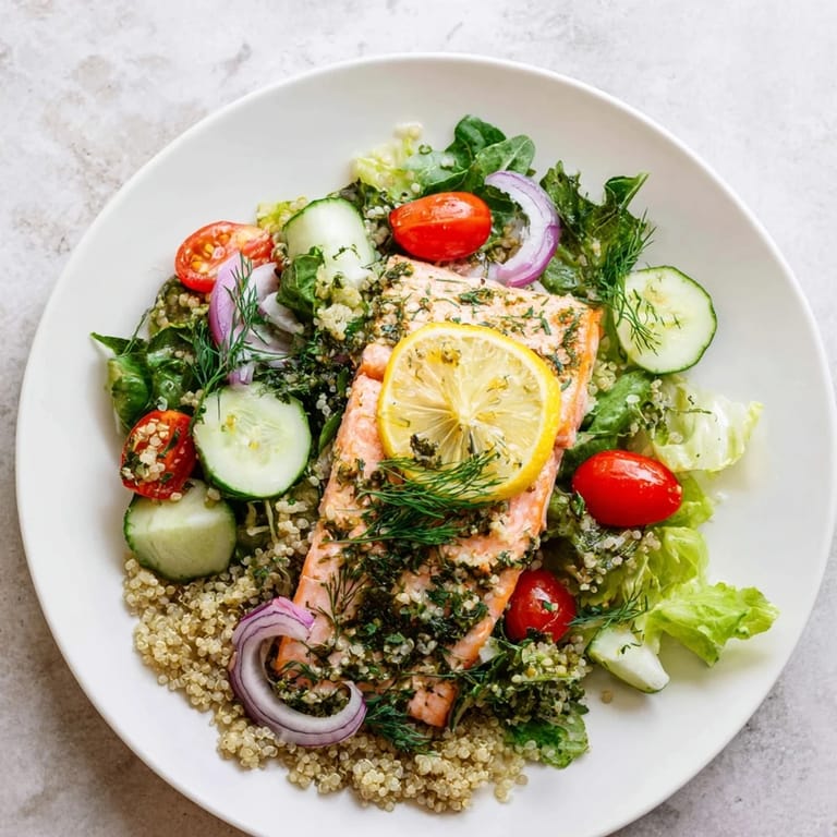 In this Lemon Herb Salmon Salad, warm salmon rests on quinoa and mixed greens with cherry tomatoes, cucumber, and fresh herbs.