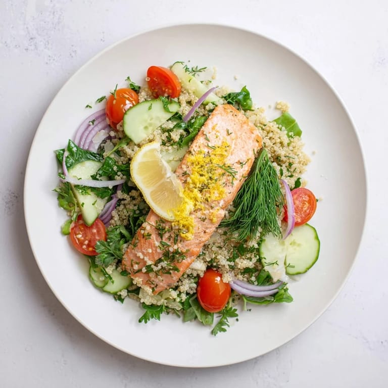 Close-up of Lemon Herb Salmon Salad, highlighting tender salmon fillets, vibrant herbs, and a light citrus vinaigrette drizzled over the bowl.