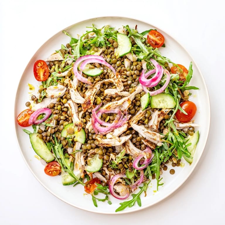 Top-down view of the Lentil & Chicken Spring Salad, featuring glossy pickled red onions, halved cherry tomatoes, and sliced cucumber on a rustic plate.
