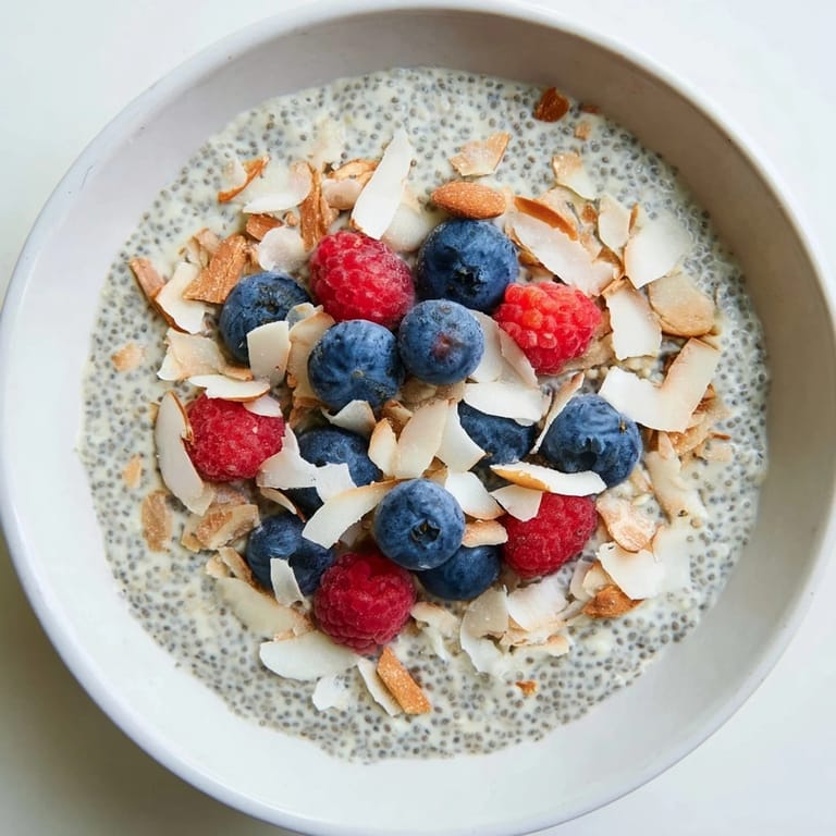 A textured close-up of chilled poppy seed chia pudding topped with shredded coconut and raspberries.