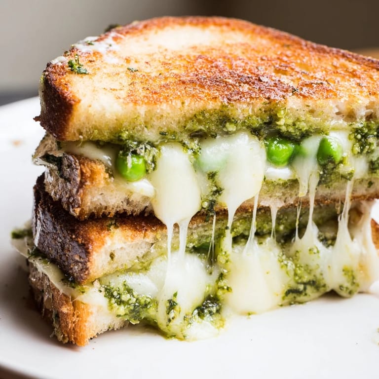 Spring Pea Pesto Grilled Cheese resting on a wooden board, pesto spread visible and fresh pea garnish nearby.