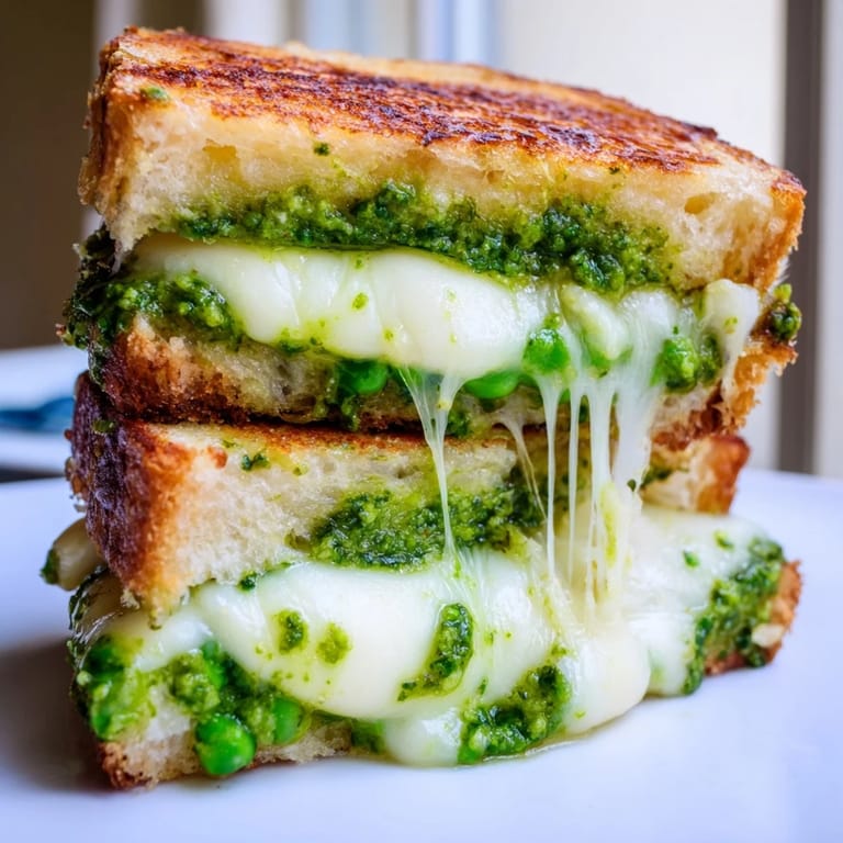 Spring Pea Pesto Grilled Cheese cut diagonally, revealing bright green pesto and gooey cheese layers on toasted bread.