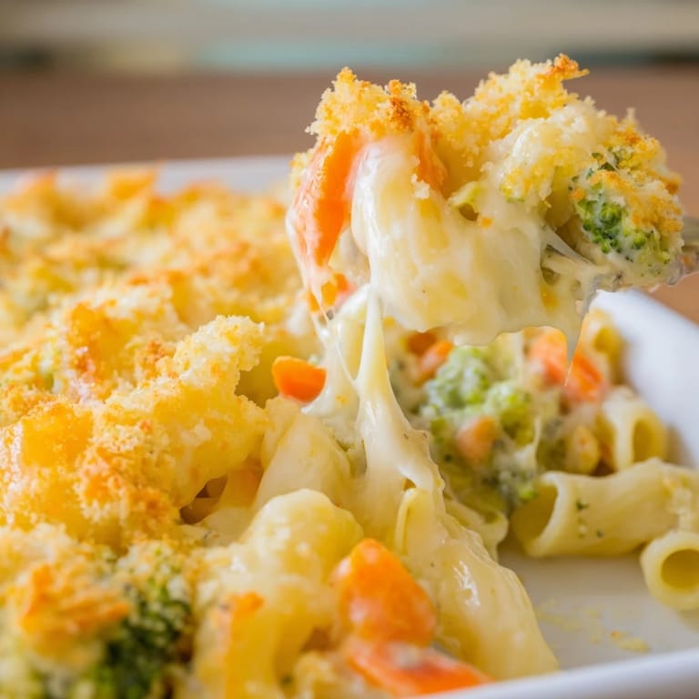 A close-up of baked Garden Veg Mac and Cheese topped with panko crumbs next to fresh peas and carrots.