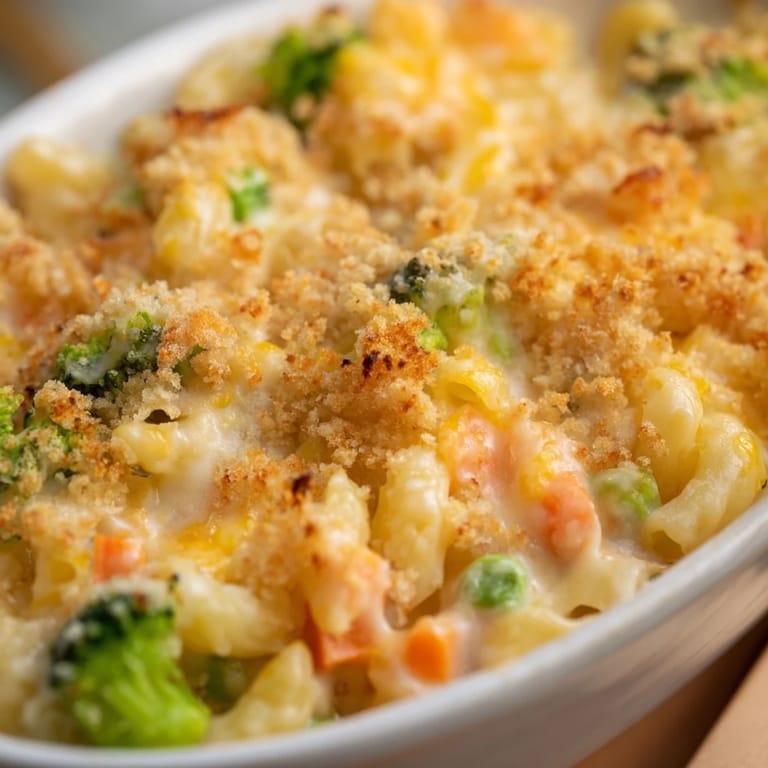 Serve this comforting Garden Veg Mac and Cheese straight from the oven, paired with a crisp green salad.