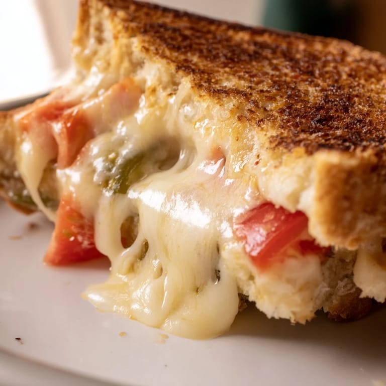 Close-up of a crispy Pepper Jack & Tomato Grilled Cheese with melted cheese and visible jalapeño flecks.